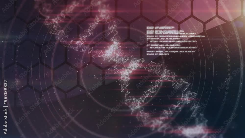 Poster animation of dna strand spinning and data processing on scope scanning and hexagon background