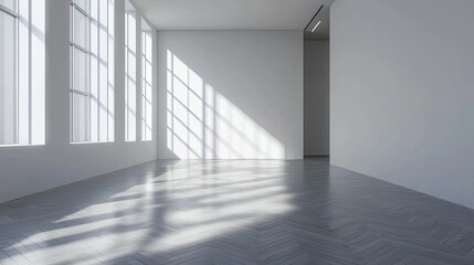 An open, empty room with modern fishbone flooring, minimalist white walls, and a single light source casting a soft glow, creating a serene environment