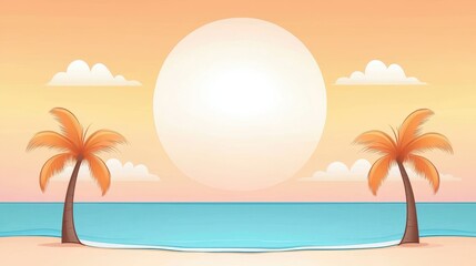 Obraz premium Tranquil Paradise: Tropical Beach Travel Poster in Soft Cartoon Gold Tones