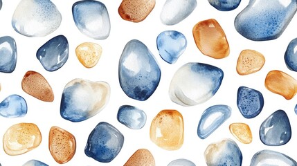 Seamless watercolor hand drawn pattern featuring illustrations of sea pebbles on a white background