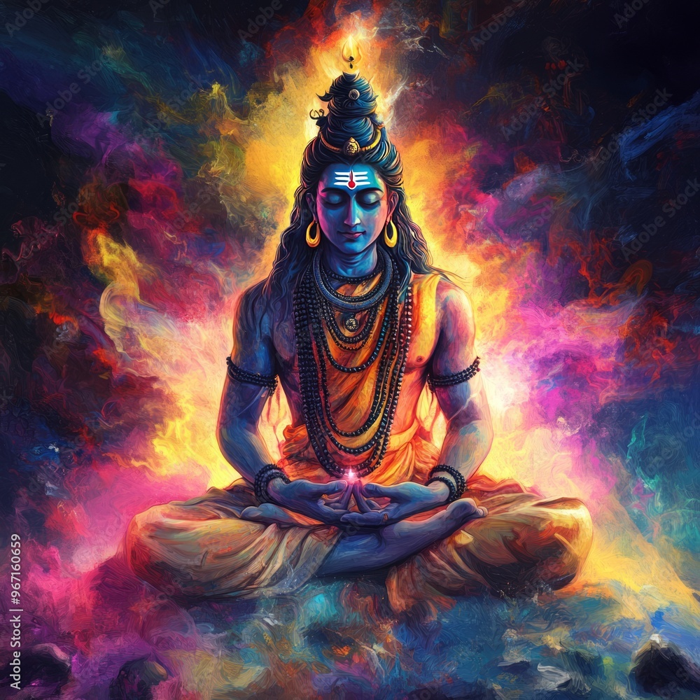 Wall mural A vibrant painting of Lord Shiva in meditation, surrounded by colorful clouds.