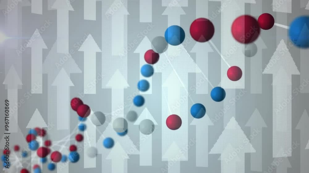 Poster animation of dna strand spinning and data processing over arrows on grey background
