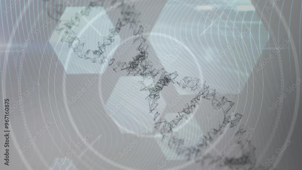 Poster animation of dna strand spinning and data processing on grey background