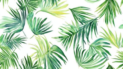 Seamless watercolor tropical pattern featuring palm leaves on a white background ideal for summer and festive theme compositions