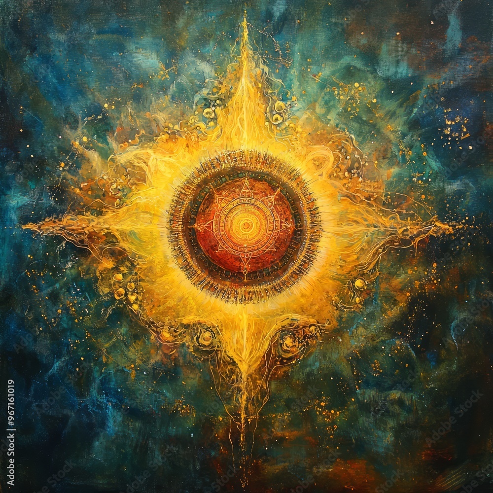 Canvas Prints A vibrant painting of a radiant sun with intricate details, surrounded by a swirling nebula.