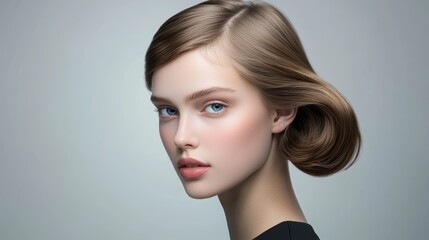 Fototapeta premium How can the soft wave and symmetry of the hairstyle reflect classic beauty standards while incorporating modern hair trends