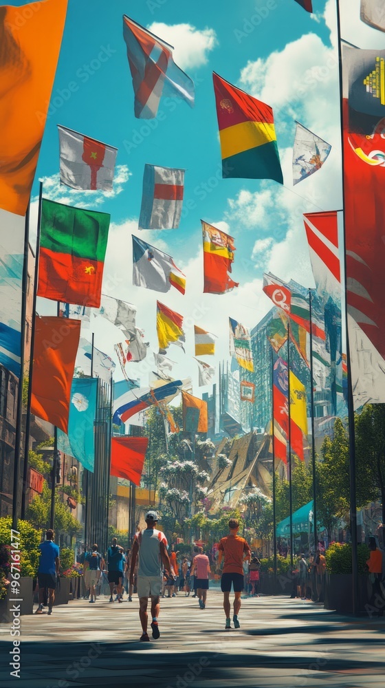 Wall mural A vibrant street lined with flags of different countries, showcasing a celebration of diversity and international unity.