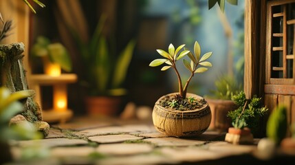 Obraz premium Miniature Bonsai Tree Planted in a Coconut Shell