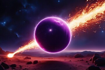 Stunning Purple Fireball with Glittering Fiery Tail in a Cosmic Night Sky