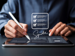 Close-up of hands using a digital pen to sign an electronic document on a tablet, illustrating modern digital signature technology.