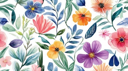 Seamless watercolor floral pattern featuring vibrant botanical elements