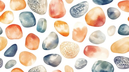 Seamless watercolor hand drawn pattern featuring illustrations of sea pebbles on a white background