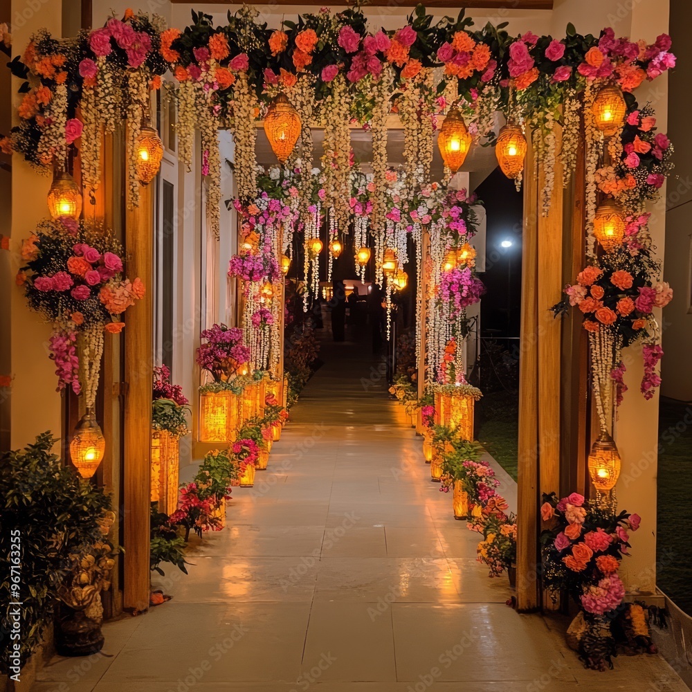 Wall mural A walkway decorated with flowers and lanterns, leading to an unknown destination.