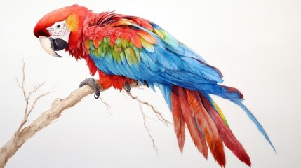 Obraz premium Watercolor Painting of a Scarlet Macaw Perched on a Branch