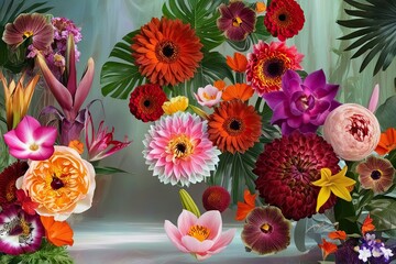 Exotic Flower Collage in Ethereal Background with Depth and Artistic Arrangement