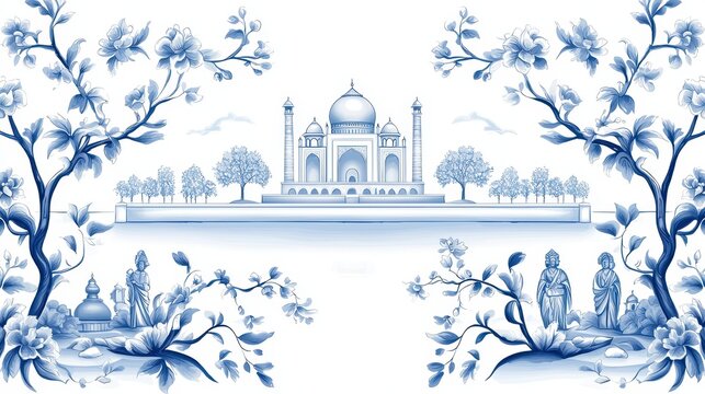 Elegant Toile de Jouy Seamless Pattern Featuring Taj Mahal Architecture and Traditional Sari-Clad Figures