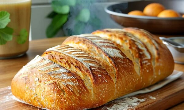 A freshly baked loaf of bread, its crusty exterior giving way to a soft, chewy interior. Video