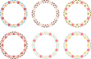 Collection of folk pomegranates motifs round frames on transparent background