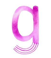 Handcrafted pink watercolor lowercase letter "g" in a delicate and soft design. Perfect for artistic projects, invitations, logos, and educational materials.