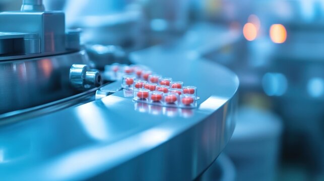 Pills on a Conveyor Belt in a Pharmaceutical Factory