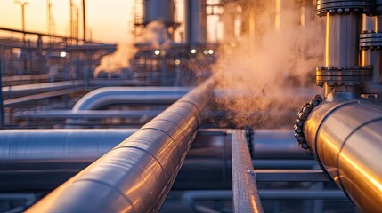 Close-up of refinery pipelines and distillation columns, with crude oil tanks in the background, steam and smoke rising, symbolizing heavy industry