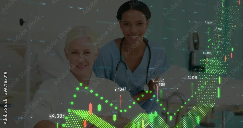Poster animation of statistics and data processing over diverse doctor and patient