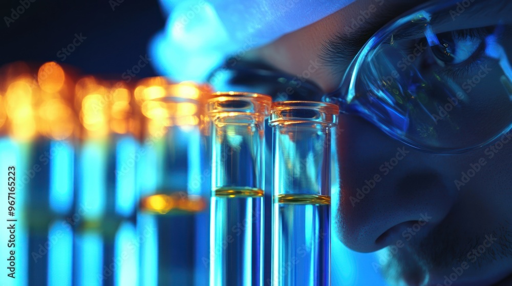 Poster scientist examining test tubes with yellow liquid in a laboratory setting