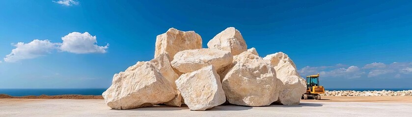 Quarry Mining and Stone Extraction, crushing machines, rough stone textures, open landscape, industry in action, dust clouds, natural ruggedness