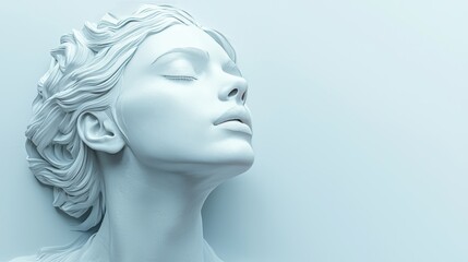 A realistic ceramic sculpture of woman with serene expression, showcasing intricate details and soft color palette. artwork captures moment of tranquility and beauty. 