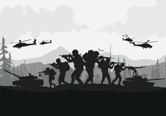 Soldiers vector, military vector illustration, Army background, soldiers silhouettes.