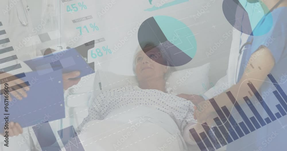 Aufkleber animation of statistics and data processing over diverse doctor and patient
