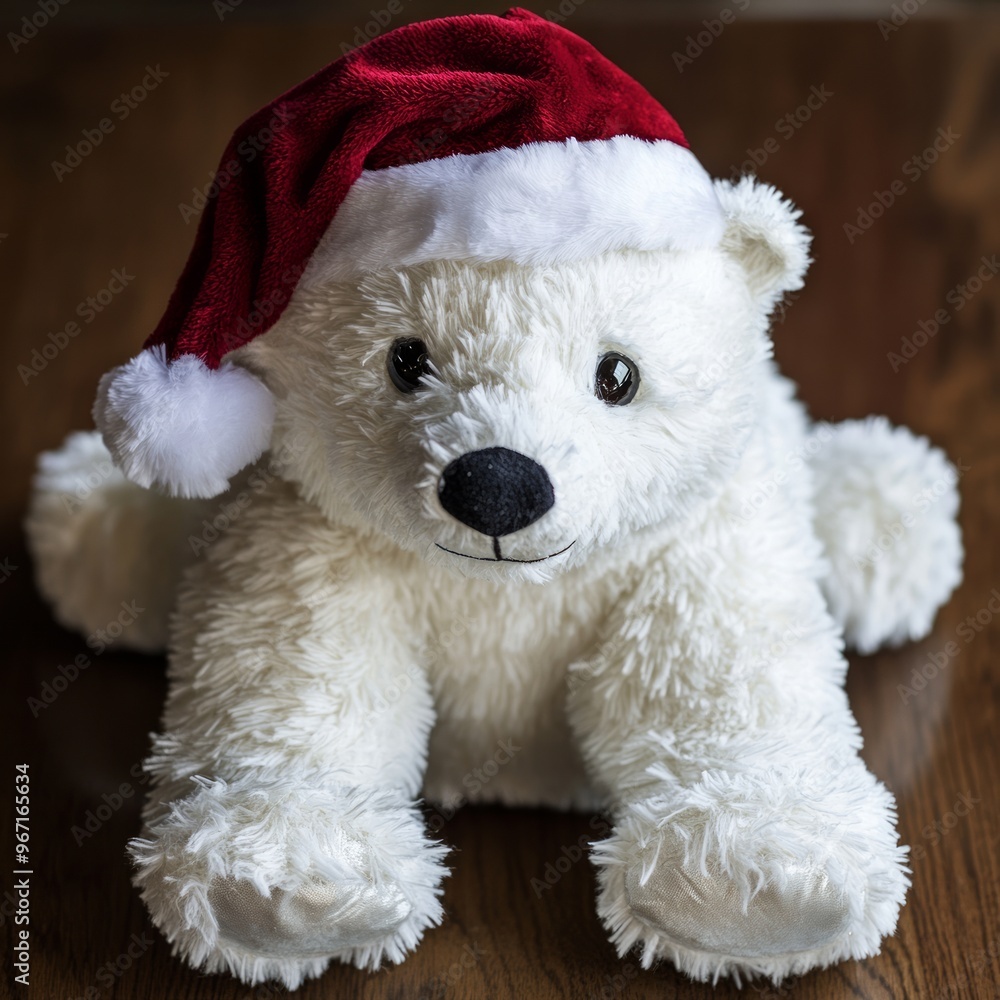 Wall mural A white plush polar bear wearing a red Santa hat sits on a wooden table.