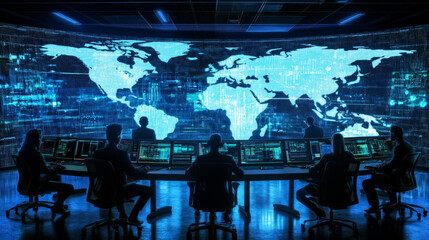 Cybersecurity experts monitoring global networks in a control room