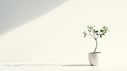 Small Green Plant in White Pot on White Surface with Sunbeam
