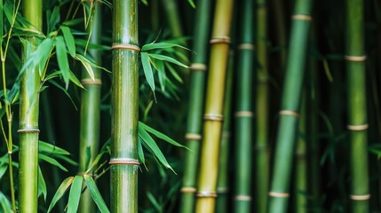 Fototapeta premium Close-up of tall, vibrant bamboo trees swaying gracefully in the wind, their green trunks and leaves creating a calm and lush scene