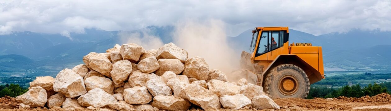 Quarry Mining and Stone Extraction, crushing machines, rough stone textures, open landscape, industry in action, dust clouds, natural ruggedness