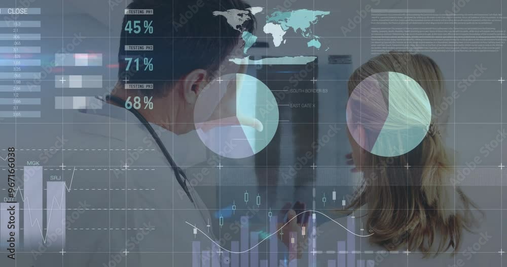 Poster animation of digital data processing over diverse doctors