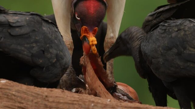 King vulture, Sarcoramphus papa, with carcas and black vultures. Red head bird, forest in the background. Wildlife scene from tropical nature. Condors and dead cow. Animal feeding behaviour.