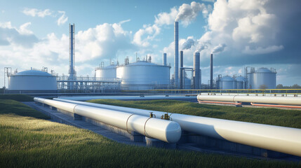 Natural gas facility with pipelines and storage tanks