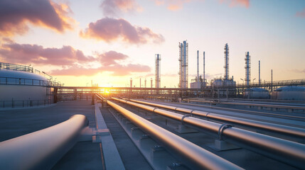 Natural gas facility with pipelines and storage tanks
