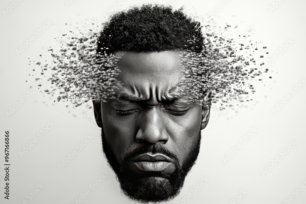 Poster electroactivity brainwave connection inner force and cybernetic fragmented man’s face breaking apart
