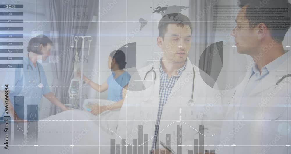 Poster animation of statistics and data processing over diverse doctors