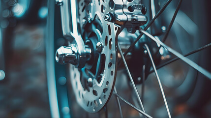 Fototapeta premium wheel detail, close up of bicycle wheel, chain precision engineering motorcycle gear disc chain