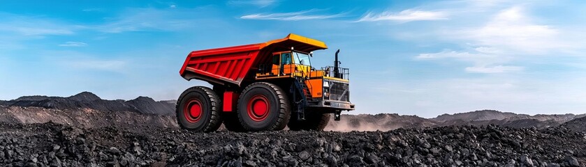 Mining Machinery in Open-Pit Mine, heavy equipment, dusty environment, rugged terrain, blue sky, industrial landscape, powerful scene