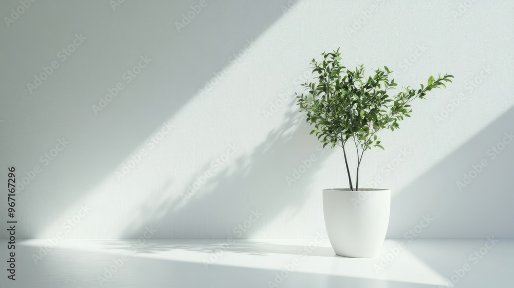 Canvas Prints A Single Green Plant in a White Pot on a White Surface