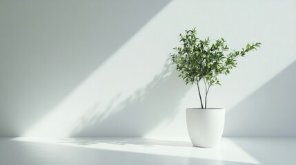 A Single Green Plant in a White Pot on a White Surface