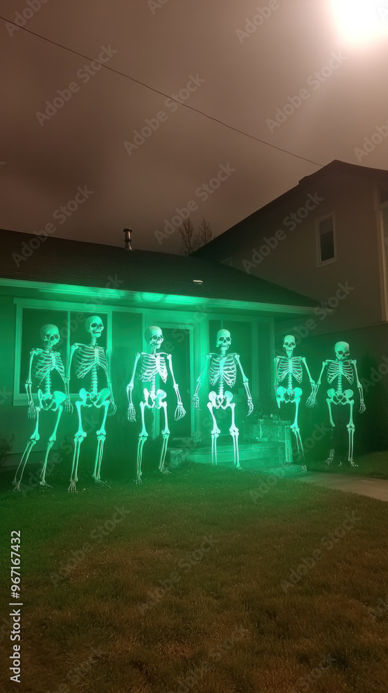 Poster a group of skeletons are standing in a yard with lights on them. the skeletons are green and are arr