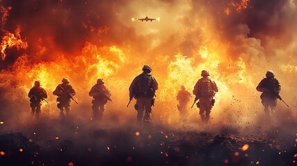 Fototapeta premium Brave soldiers advancing through smoke and flames, embodying courage in a dramatic battle scene.