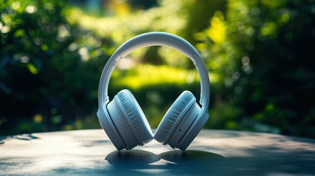 Close-up of white headphones on a table with a green garden backdrop, ideal for World Music Day or radio day celebrations