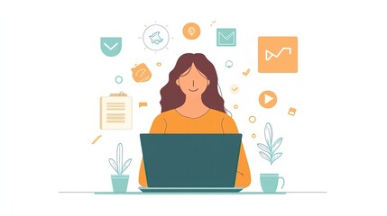 A woman works on a laptop, surrounded by digital icons representing communication, data, and technology in a bright workspace.